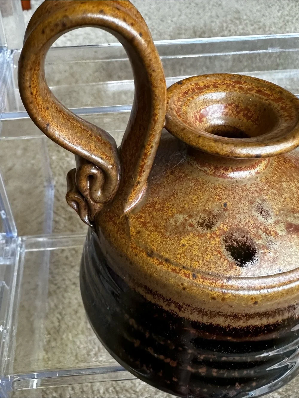 Signed Studio Pottery Taper Candle Holder Chamberstick Loop Handle